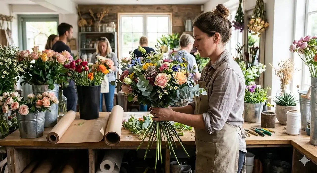 Florist packing a bouquet for delivery